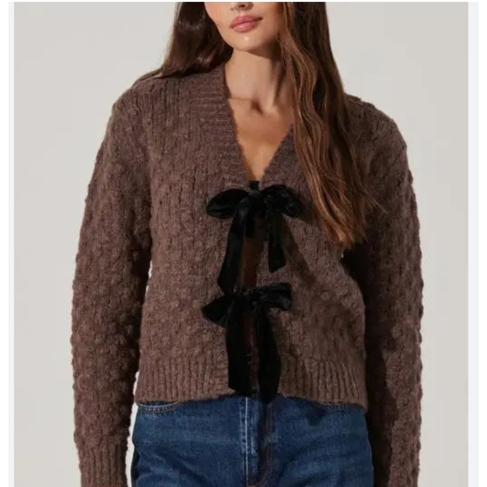 ASTR The Label Velvet Bow Cardigan Womens XL Chunky Knit Coquette Brown